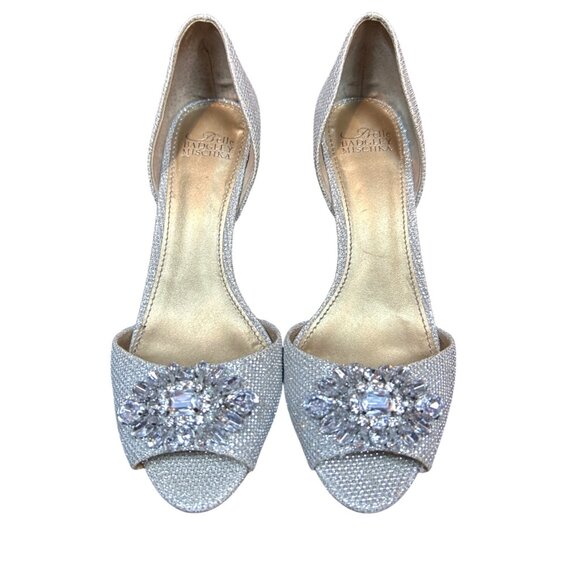 Belle Badgley Mischka Women's 6 Silver Rhinestones Peep Toe Heels Wedding Formal - Picture 6 of 13